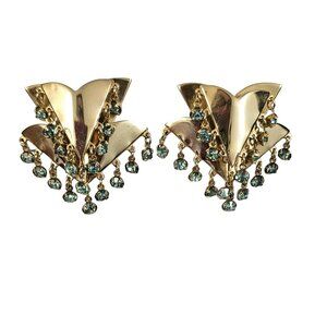 Gold Tone Modernist Fan Style Dimensional Multi Rhinestone Dangle Earrings L243